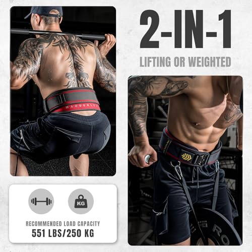 MANUEKLEAR 2-in-1 Weightlifting Belt & Dip Belt with 36.7 IN Rope, Double-Layer Weight Lifting Belts, Powerlifting Gym Weighted Belt for Pull Up Squat - color: Vibrant Red, size: M(30-33in)