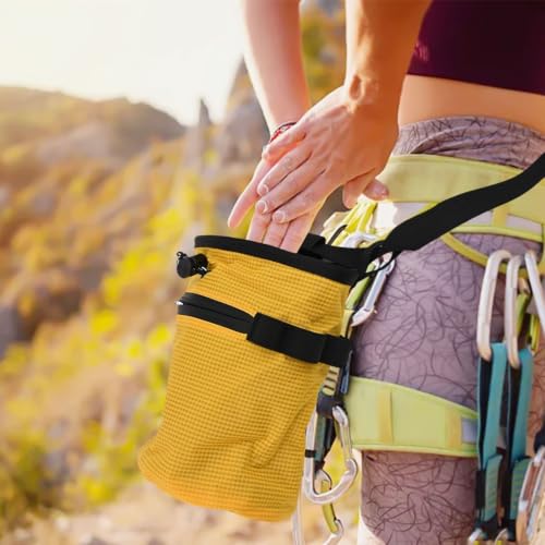 Climbing Chalk Bag with Anti-Leak Drawstring, 420D Oxford Magnesium Powder Bag for Rock Climbing and Weightlifting, Gym Chalk Bucket with Phone Pocket and Adjustable Belt, Blue(Yellow) - size: Yellow