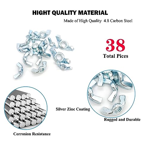 38 Pcs 5 Sizes 5/32",3/16",1/4",5/16",3/8" Wingnuts, Quality Carbon Steel Wing Nuts Zinc Plated Fasteners Parts Butterfly Nut, Hand Twist Tighten Hardware Nuts Butterfly Wing-Nut Assorted Kit - size: 5 Sizes (5/32", 3/16", 1/4", 5/16", 3/8") - 38 Pcs