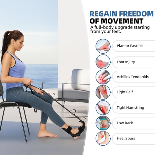 comness Foot and Calf Stretcher-Stretching Strap For Plantar Fasciitis, Heel Spurs, Foot Drop, Achilles Tendonitis & Hamstring. Yoga Foot & Leg Stretch Strap. (Black) - color: Black