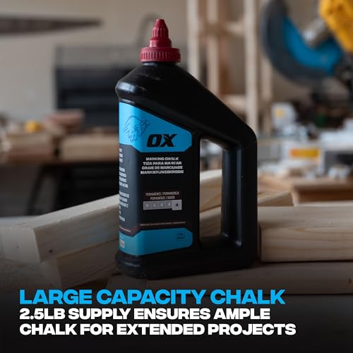 OX Chalk Line Powder Red 2.5 lbs - Permanent Chalk Refill | Level 4 permanence, weatherproof formula, quick-fill nozzle, works on wood, concrete, metal and stone - color: Crimson