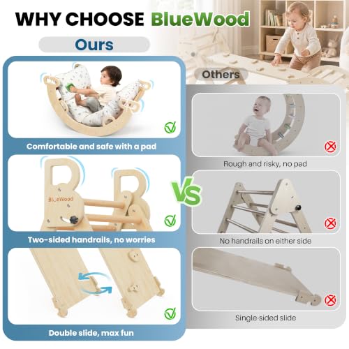 BlueWood Pikler Triangle Set with Cushion, Wooden Climbing Toys for Toddler | Foldable 8-in-1 Montessori Philosophy Toddler Climbing Toys Indoor with Reversible Ramp, Arch and Ladder - Natural Wood - color: Natural Wood