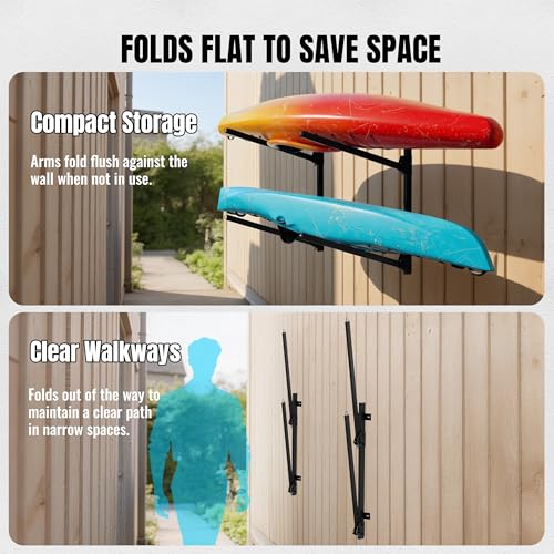 2-Tier Foldable Kayak Wall Mount Rack | Space-Saving Swing-Away Design - Heavy Duty Thickened Steel Storage Hanger for Kayaks, Canoes, 304 Stainless Steel Screw - size: Folding Wall Mount for 2 kayaks-H31.5"