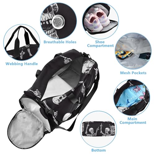 Kids Sports Duffel Bag for Boys & Girls - Funny Skull Skeletons 100% Polyester Gym Bag with Separate Shoe Compartment, Adjustable Shoulder Strap, Compact Travel & Workout Gear Bag - color: Funny Skull Skeletons