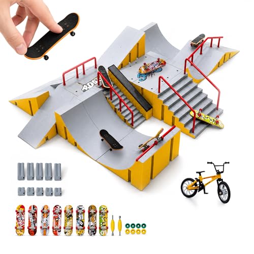 Finger Skateboard Park Kit for Kids, 14-in-1 Mini Skatepark Ramp Set with Half Pipe, 8 Finger Skateboards & Finger Bike, Ramp Accessories Toy Gifts for Boys Girls Ages 3+ - color: 14in1-yellow
