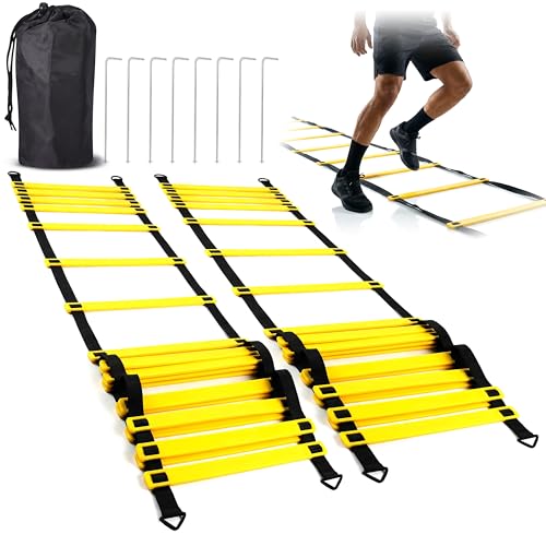 Agility Ladder, 2 Pack - Exercise and Training Ladder Set with Ground Stakes for Football, Soccer, Tennis, and More - Improves Speed & Fitness - Complete with Carrying Bag