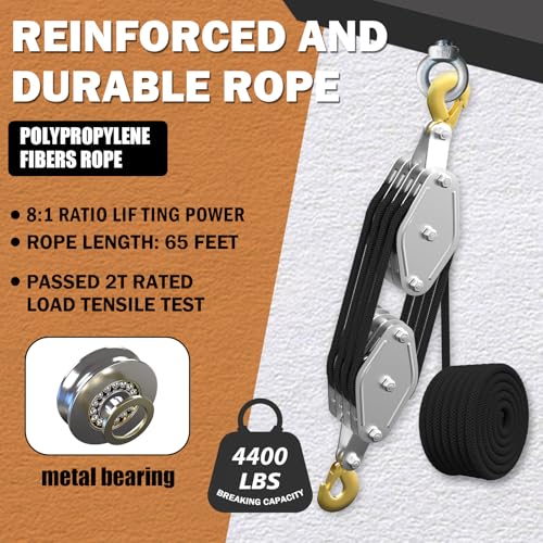 YATOINTO Rope Hoist Pulley System, 4400LB Pulley Block and Tackle, 8:1 Ratio Lifting Power 65ft, Heavy Duty Pulley Block for Hunting Lifting Heavy Objects Garage Warehouses Building - color: black, size: UPGRADED-4wheels