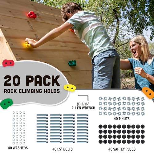 Squirrel Products Rock Climbing Holds for Kids, Deluxe Extra Large Climbing Rocks with Mounting Hardware - DIY Rock Wall Indoor & Outdoor Playground Accessories Wall Climbing Kit - Ages 3+ - style: 20 Pack with Patented Safety Plugs