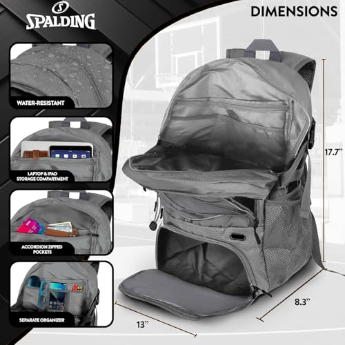 Spalding Basketball Backpack Sports Bag | Large Black Backpack with Shoe and Ball Compartment | Gifts for Basketball Players - color: Grey