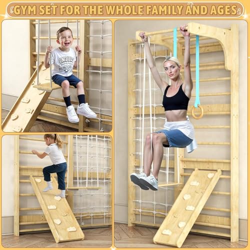 7-in-1 Swedish Ladder, Wooden Climbing Wall Ladder for Kids and Adults, Montessori Climber Playset with Pull-Up Bar, Indoor Climbing Gym, Kids Playground