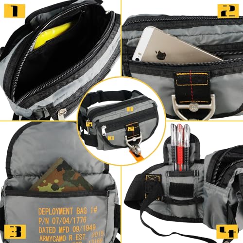 Tactical Waist Bag Parachute Buckle Multi-Pocket FannyPack Grey | Koisgext tactical waist bag, tear-resistant nylon, 9"x5.2"x2.4", 0.8 lbs, parachute buckle, multi-pocket, zipper pockets - color: Grey