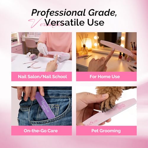 MelodySusie 7Pcs Nail Files 100/180 Grit Emery Boards Pink & Purple | 2 Standard 5 Mini Mixed-Shape, Double Sided, Acrylic Gel Natural Nails, Home and Salon Care - size: 7Pcs Half-moon Shape