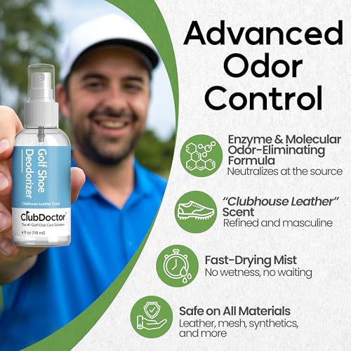 Club Doctor Golf Shoe Deodorizer Spray, Enzyme Odor Eliminator with Premium Elite Leather Scent Air Freshener, Smell Absorber, Fast-Drying Safe for All Materials Long-Lasting Freshness for Golf Shoes