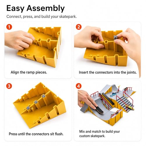 Finger Skateboard Park Kit for Kids, 14-in-1 Mini Skatepark Ramp Set with Half Pipe, 8 Finger Skateboards & Finger Bike, Ramp Accessories Toy Gifts for Boys Girls Ages 3+ - color: 14in1-yellow