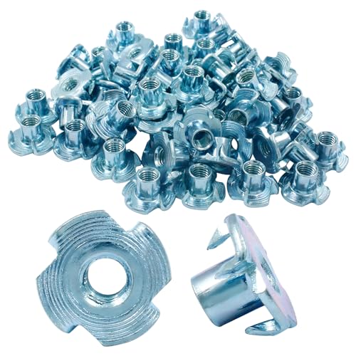 Hitefu M5 X 8mm T-Nut, 4 Pronged, Zinc Plated, 60Pcs | Tee Nuts Threaded Insert, For Table Legs, Rock Climbing Wall, Woodwork Holds, Wood Cabinetry - size: M5-8 (60Pack)