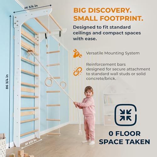 WEDANTA Wooden Swedish Ladder Wall Set – Kids Stall Bars for Exercise – Kids Swedish Gymnastic Wall Gym – Wood Stall Bar Gymnastics Playground – Best Gym for All Family - color: White