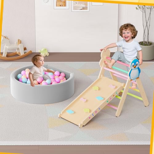 Acenova Pikler Triangle Climbing Set with Cushion and DIY Name Stickers, Montessori Wooden Climbing Gym for Toddlers, Indoor Jungle Gym, Dinosaur Pikler Triangle Arch Ramp Climber Toy