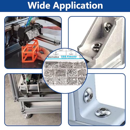 260PCS M3 M4 M5 T Nuts Screws Kit, T Slot Nuts Hammer Head Fastener with Nickel Plated Carbon Steel Button Head Screws for 2020 Series Aluminum Extrusion Profile - color: Silver-M3 M4 M5