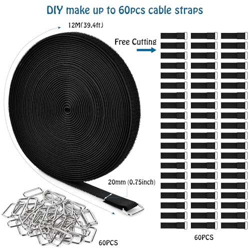 Nettbe 0.75" x39.4ft Hook and Loop Straps with 60 Buckles Adjustable Cut-to-Length Cable Ties - Reusable Nylon Fastening Tape Cable Straps for Storage or Organization (0.75in x 39.4ft) - size: 0.75in x 39.4ft
