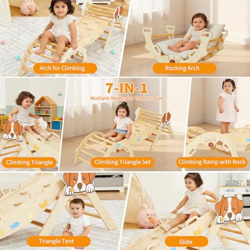 Takywep Pikler Triangle Set, 7-in-1 Foldable Pikler Triangle Climbing Toys Set with Arch & Ramp & Ladder, Indoor Playground Gym, Wooden Montessor Climbing Set for Kids Toddler - color: Brown-dog