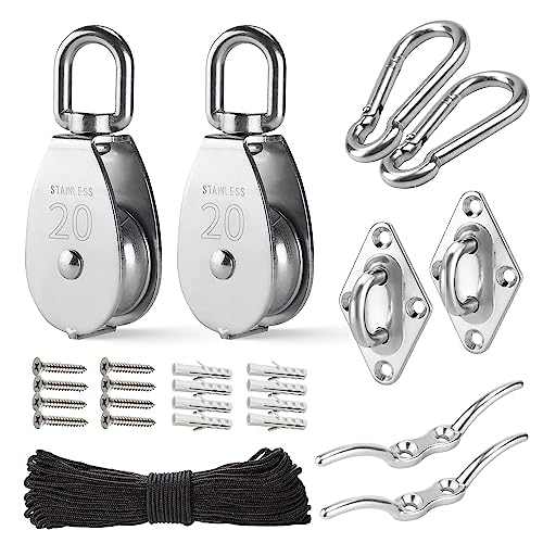 LAIWOO M20 Heavy Duty Stainless Steel Pulley Block, Rope and Hooks, 2 Pack | Includes eye pad plate and line cleat, corrosion resistant, for lifting, DIY and clothesline - size: M20