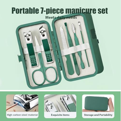 Manicure Kit for Women Men-Manicure Set with Case, Nail Clippers, Portable Nail Care Kit for Travel Home Personal Grooming（Green 7 in 1） - color: Green