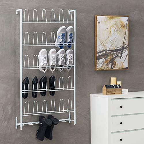 MyGift Matte White Metal Wall Mounted Shoe Rack, Holds 18 Pairs | Modern white metal wall shoe rack stores up to 18 pairs of shoes and boots while saving closet, mudroom, and entryway storage - color: White