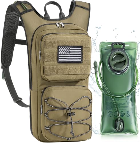 Hydration Backpack, Tactical Molle Water with 3L TPU Water Bladder | Lightweight Military Hydration Daypack for Hiking, Running, Cycling, Climbing, Biking, 105 oz, Breathable Back Panel - color: Khaki