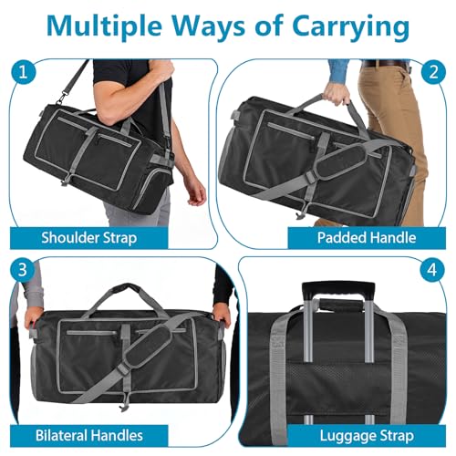 60L Duffle Bag with Shoes Compartment - Foldable&Large Capacity Travel Duffel Bags, Lightweight & Water-Resistant Gym Bag - Black - color: 60L-Black