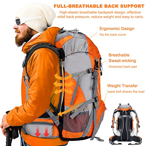 Loowoko 50L Hiking Backpack, Waterproof Camping Essentials Bag with Rain Cover, 45+5 Liter Lightweight Backpacking Back Pack - color: Orange