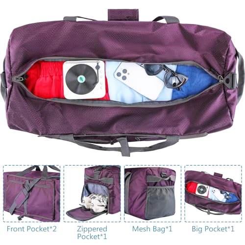 60L Duffle Bag with Shoes Compartment - Foldable&Large Capacity Travel Duffel Bags, Lightweight & Water-Resistant Gym Bag - Purple - color: 60L-Purple