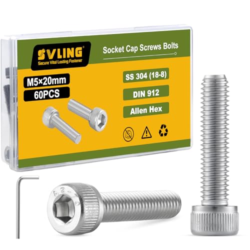 M5-0.8 x 20mm Bolt, 60PCS M5 Hex Socket Head Cap Screws Bolts, 304 Stainless Steel 18-8, Full Threads, with Hex Spanner - size: M5x20mm