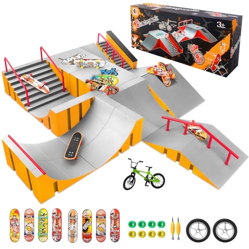 CS COSDDI Finger Skateboard Park Kit, 14 in 1 Skate Park Set with 8 Fingerboards, 14 Ramps, Half Pipe & Finger Bike, Mini Skate Toy for Kids & Adults,Yellow - color: Style -1810-12c