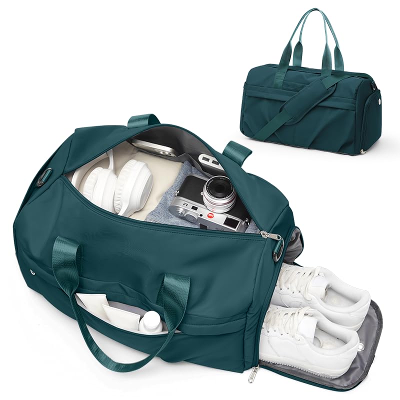 Gym Bag for Women Men with Shoe Compartment, Sport Duffel Bag, Waterproof Travel Weekender Overnight Carry on Bag for Yoga with Trolley Sleeve, Peacock Blue - color: A4-Peacock Blue