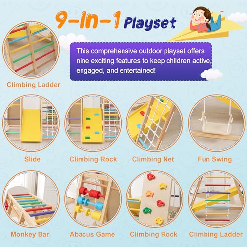 Large Wooden Indoor Jungle Gym 9-in-1 Playground Climbing Toys for Kids Ages 2-6, Waldorf Style Wooden Climber Playset with Slide, Monkey Bars, Ladder, Rope Ladder, Rock Climbing, Swing (9-in-1) - size: 9-in-1