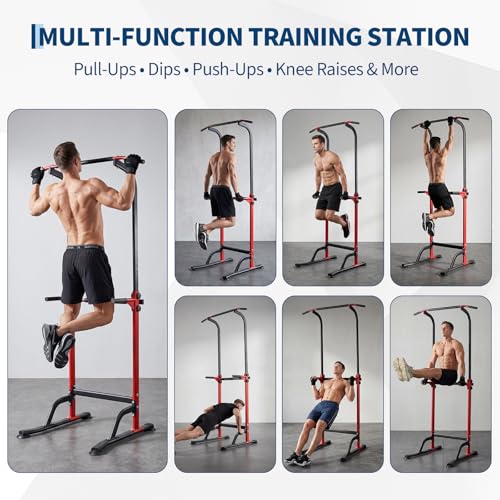 Power Tower Pull Up Bar Station - 330 LBS Stable Multi-Function Gym Dip Station for Home Strength Training Equipment - 10 Adjustable Heights Heavy Duty Pull-Up Tower with h-Shaped Base & Push-Up - color: Red