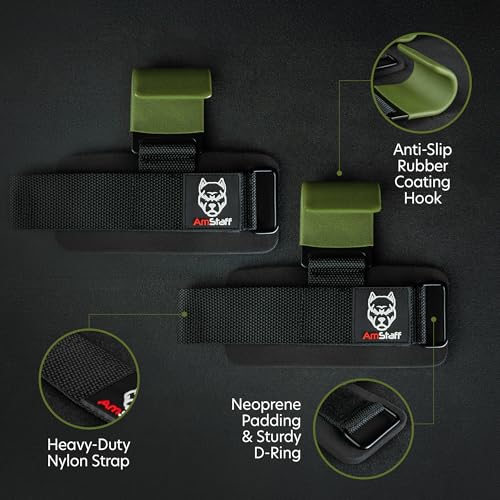 AmStaff Fitness Weight Lifting Hooks (Pair) - Gym Wrist Straps with Steel Hooks for Weightlifting, Pull-Ups, Deadlifts, Strength Training, and Fitness Workouts - Adjustable Neoprene Wrist Support - color: Green