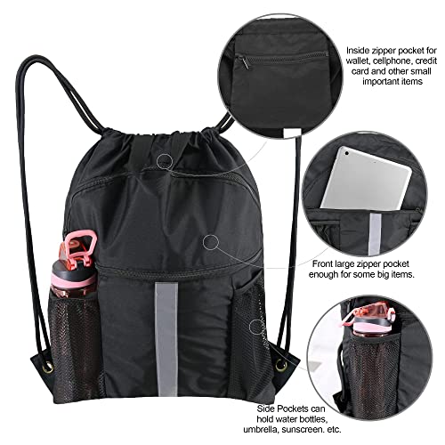 BeeGreen Drawstring Backpack Bag with Shoe Compartment, X-Large Black Gym Sports String Cinch Backpack - color: Black