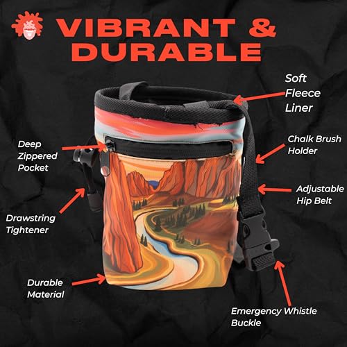 Rock Climbing Chalk Bag | for Outdoor, Gym, & Bouldering | Adjustable Waist Belt, Durable Drawstring Closure, & Zippered Pocket - style: Smith Rock