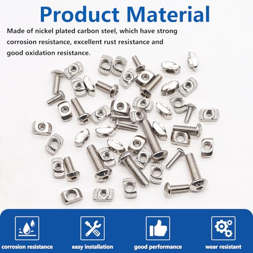 260PCS M3 M4 M5 T Nuts Screws Kit, T Slot Nuts Hammer Head Fastener with Nickel Plated Carbon Steel Button Head Screws for 2020 Series Aluminum Extrusion Profile - color: Silver-M3 M4 M5