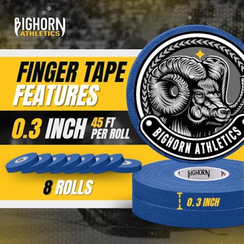 Bighorn Athletics Jiu Jitsu Finger Tape | Residue-Free Athletic Finger Tape for Sports & Injuries: Rock Climbing, Volleyball, Football, Basketball, Hands & Toes | 0.3-Inch x 45-feet, 8-Rolls, Blue | For Jiu Jitsu, Rock Climbing, Volleyball, Football, Hand
