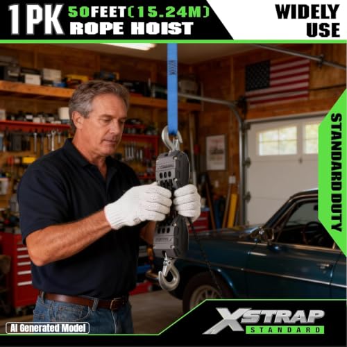 XSTRAP STANDARD Heavy-Duty Block and Tackle Pulley System, 1000 LB Working Load, 2000 LB Break Strength, 50 FT Rope Hoist with 2 Soft Loops for Garage, Hunting & DIY Attic Lift, Black - color: 50 Ft+Black+2 Soft Loops