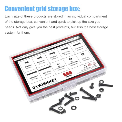 DYWISHKEY 566 Pieces M3 Black Screws, 10.9 Grade Alloy Steel M3x 5/6 /8/10 /12/16 /20mm Button Head Socket Cap Screws Bolts Nuts Washers Assortment Kit - size: M3, style: Button Head Socket Cap