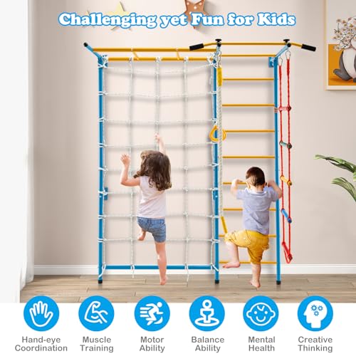 HONEY JOY Climbing Toys for Toddlers, Upgrade Metal Indoor Kids Gym for Solid Wall, Playground and Climbing Exercise Set with Rope Ladder, Pull-up Bar, Monkey Bars, Gymnastic Rings (7 in 1) - size: 7 In 1