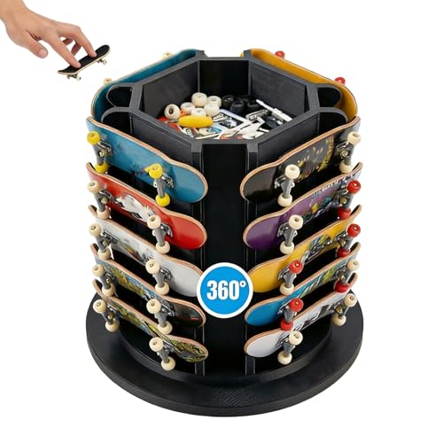 Fingerboard Display Rack Holder,360° Rotating,Pro Finger Skateboard Organizer for 20 Decks and Accessories,with Center Storage,Desktop Storage Tower for Fingerboard and Mini Collectibles,Heavy Duty