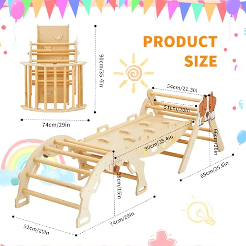 Takywep Pikler Triangle Set, 7-in-1 Foldable Pikler Triangle Climbing Toys Set with Arch & Ramp & Ladder, Indoor Playground Gym, Wooden Montessor Climbing Set for Kids Toddler - color: Brown-dog