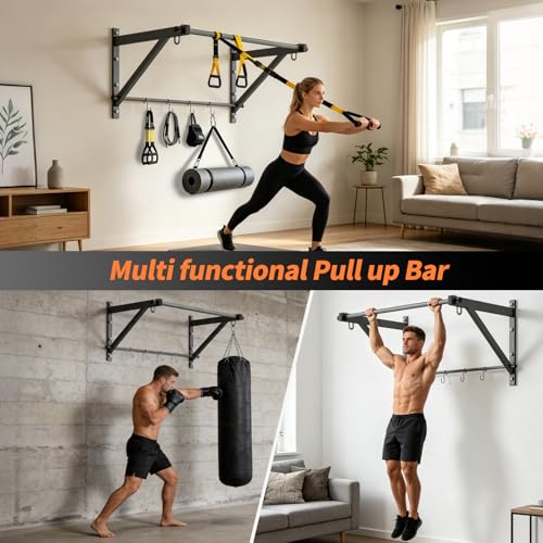 Adjustable Depth Pull Up Bar, Wall & Doorway Mounted Chin Up Bar with Hooks, Thickened Steel Construction, 500LBS Heavy Duty Capacity, Home Garage Upper Body Strength Training Equipment - color: Jet Black