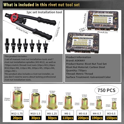 ASKWAY Pressure Rivet Nut Tool Kit, 750PCS Metric Rivet Nut Combination | Metric Carbon Steel Rivet Nut (M12/M10/M8/M6/M5/M4/M3)Rivet Nut Installation Tool Included - color: 750PCS Carbon Steel