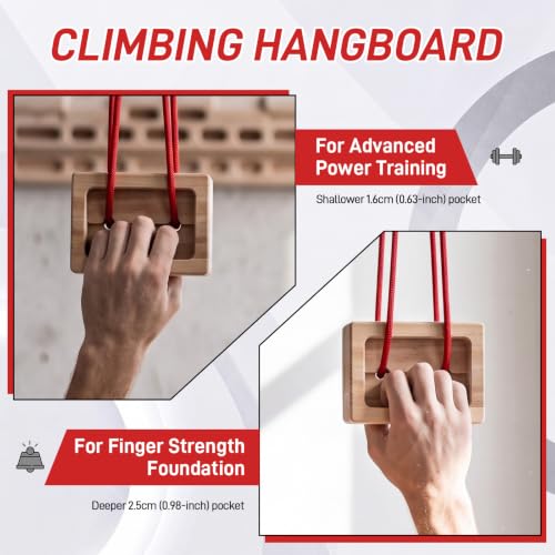 2 Pcs Portable Wood Fingerboard Climbing Hangboard with Adjustable Rope and Metal Clips, Dual Pocket Grip Blocks for Finger Hand Grip Strengthener, Home Gym Fitness Workout Equipment