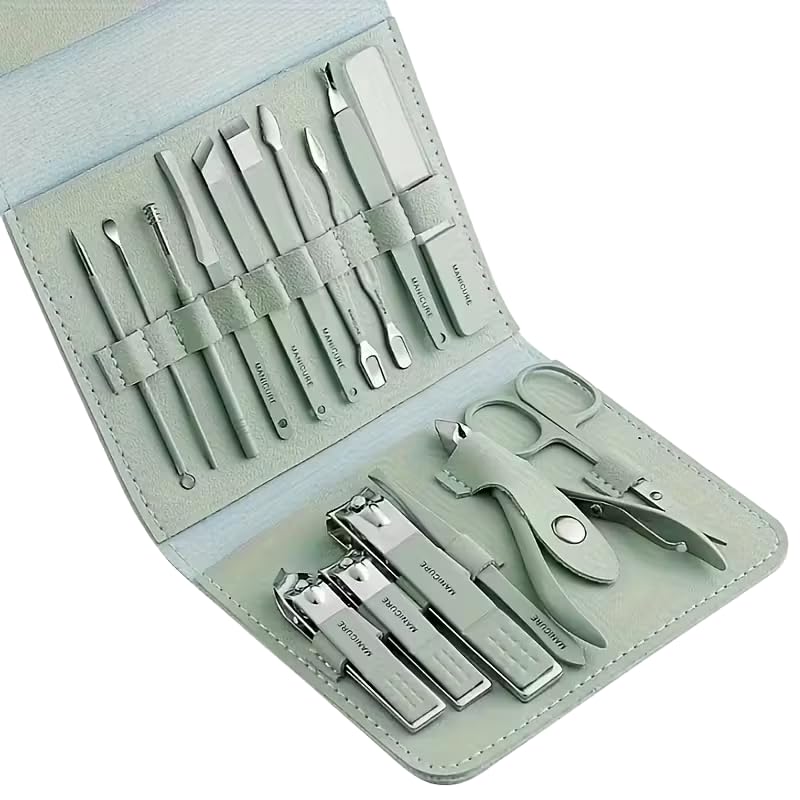 16 pcs Stainless Steel Nail Care Tools Grooming Kit with Luxurious Travel Leather Case for Thick Nails Men Women Gift,Manicure Set Professional NailClippers Pedicure Kit,Sharp Nail Scissor(Green)